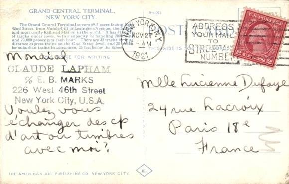 Postcard New York City USA, Grand Central Terminal Station