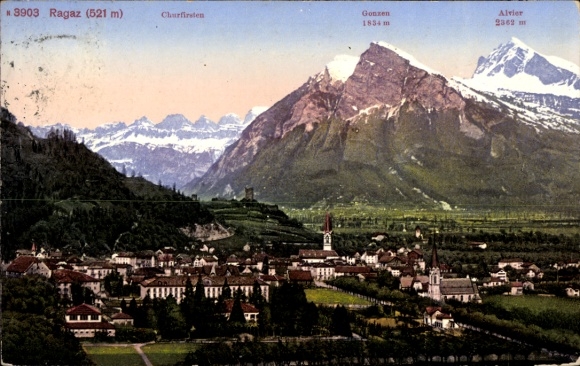 KP Bad Ragaz Kanton St. Gallen, krajobraz górski, widok na wieś, Gonzen, Churfirsten, Alvier