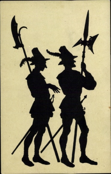 Paper cutting artist Postcard Konewka, Paul, two guards with spears