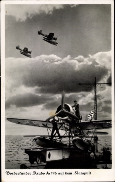 Postcard Borderkunder Arado Ar 196 on the catapult of a warship, Luftwaffe