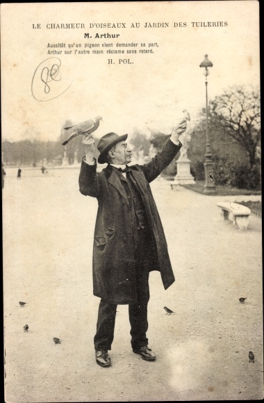 Postcard Paris, The Bird Charmer at the Jardin des Tuileries