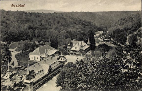 Ak Alexisbad Harzgerode am Harz, Ausblick auf Gebäude, umgeben von Wald, alte Architektur, 