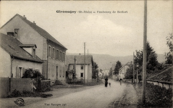 Postcard Giromagny Schermenei Territoire de Belfort, street, houses, people, Faubourg de Belfort, Sch