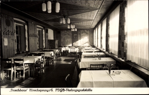 Postcard Hirschsprung Altenberg Erzgebirge, Buschhaus, FDGB contract restaurant, dining room
