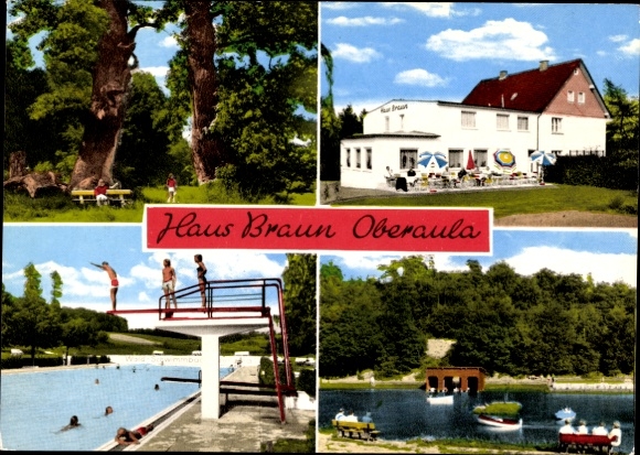 Postcard Oberaula in Hessen, Haus Braun, exterior view with terrace, swimming pool
