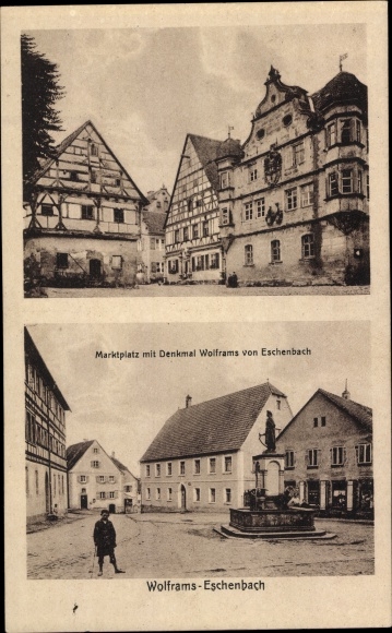 Ak Wolframs Eschenbach in Midden-Franken Beieren, marktplaats, monument Wolfram von Eschenbach