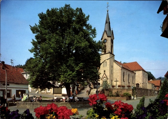 Postcard Heigenbrücken in the Spessart Lower Franconia, Catholic church