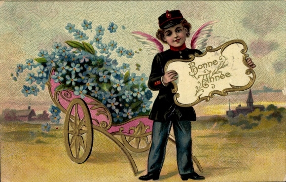 Chromo-Litho Congratulations other, Bons Baisers, Angel, Postman, Forget-me-not