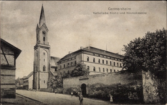 Postcard Germersheim am Rhein, Catholic Church, Monastery Barracks
