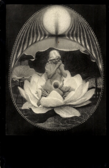 Art Nouveau artist Postcard Fidus, Christmas, woman with child in water lily, charcoal print from 1890