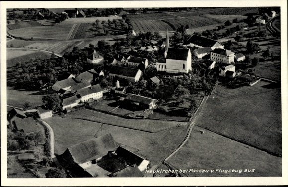 Postcard Neukirchen vorm Wald Lower Bavaria, aerial photograph, church, houses, fields, rural surroundings