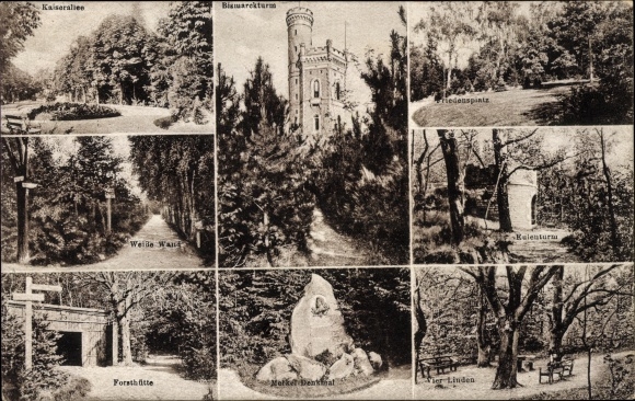 Postcard Göttingen in Lower Saxony, Kaiserallee, Bismarck Tower, Eulenturm, White Wall, forest hut