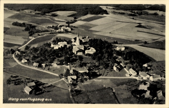 Postcard Weng in Lower Bavaria, aerial view of rural surroundings, church, buildings