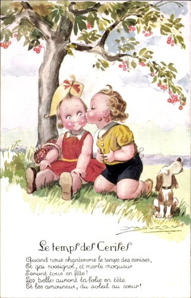 Artist Postcard Mauzan, Le temps des Cerises, Cherry time, Kiss