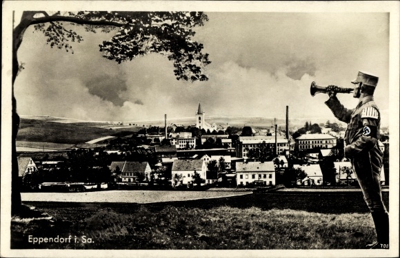Ak Eppendorf in Sachsen, Panoramablick auf die Stadt, SA Uniformierter mit Trompete