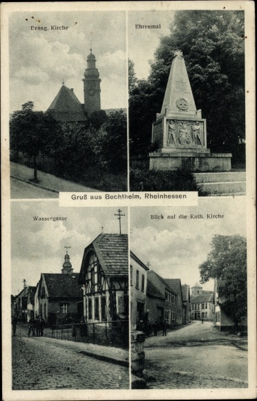 Postcard Bechtheim in Rheinhessen, Evangelical Church, Memorial, Wassergasse, Catholic Church