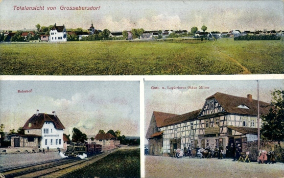 Postcard Großebersdorf Pöllnitz Thuringia, general view, train station, guesthouse Logierhaus