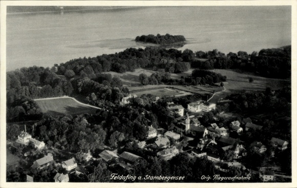 Postcard Feldafing on Lake Starnberg Upper Bavaria, aerial view of Lake Starnberg, many trees and houses