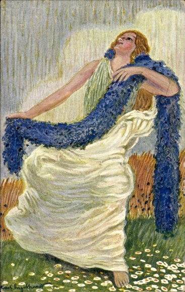 Artist Postcard Zwickau in Saxony, Cornflower Day Zwickau 1913, Woman dancing with flowers