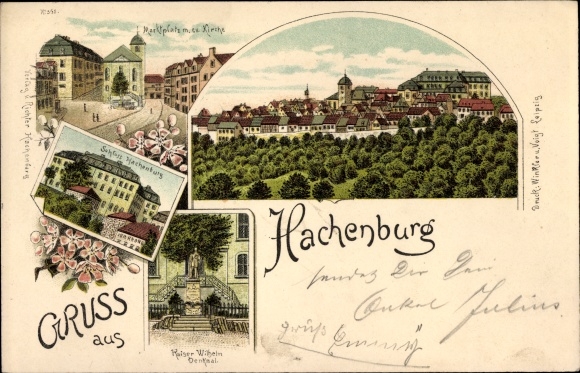 Chromo-Litho Hachenburg in the Westerwald, market square, church, Kaiser Wilhelm monument, castle