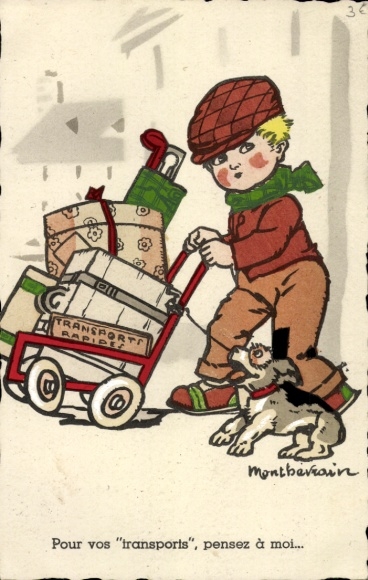 Künstler Ak Pour vos transports, pensez à moi, Golfschläger, Hund