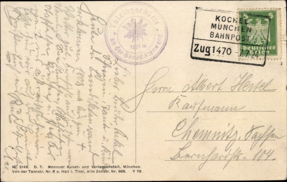 Postcard railway postmark Kochel-Munich train 1470