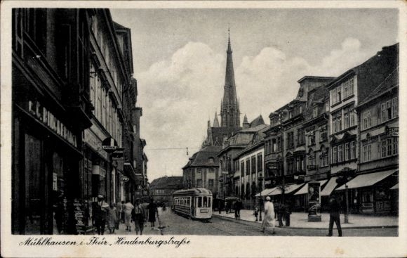 Postcard Mühlhausen in Thuringia, Hindenburgstrasse, tram, people, shops