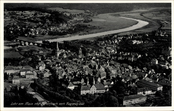 Postcard Lohr am Main Lower Franconia, Sendelbach, aerial photograph, river, building, bridge