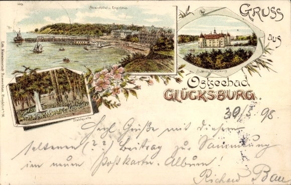 Chromo-Litho Glücksburg in Schleswig Holstein, steel spring, castle, beach hotel