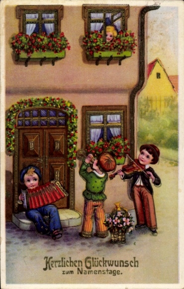 Postcard Congratulations Name Day, Music Boys, Flowers
