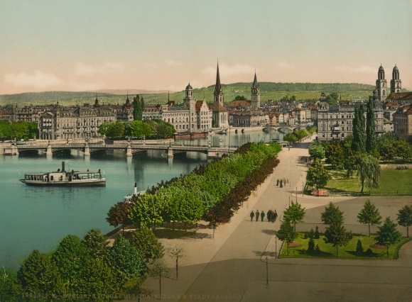 Photo Zurich City Switzerland, Utoquai with Quaibrücke and Stadthausquai