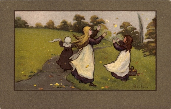 Artist Postcard Barham, S., Three Girls on a Meadow in Autumn