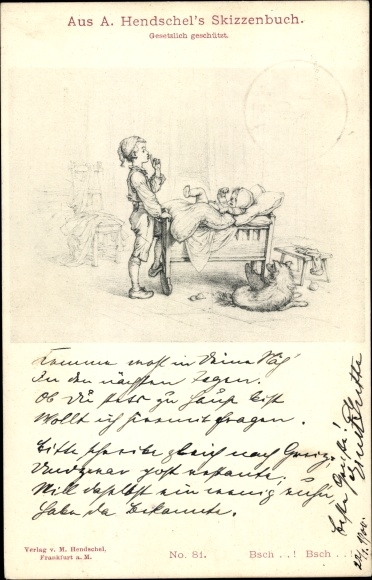 Kunstenaar litho Hendschel, A., kind, baby in bed, hond, kinderkamer