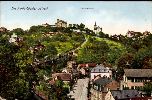 Ak Dresden Weißer Hirsch, Drahtseilbahn, Hügel, Gebäude, Dorfansicht