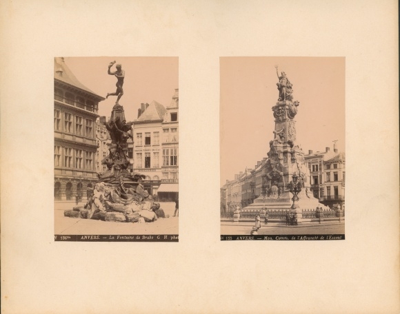 Photo around 1880, Anvers Antwerp Flanders, La Fontaine de Brabo, Mon. Comm. de l'Affrancht de l'Escaut
