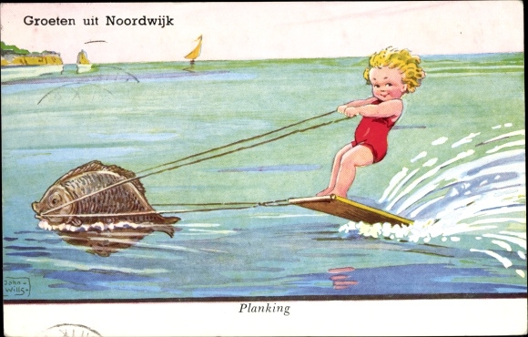 Artist Postcard Wills, John, Noordwijk aan Zee, child water skiing, pulled by fish