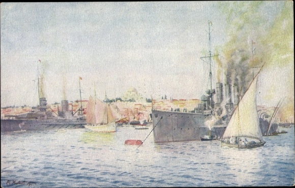 Artysta KP Hubert, A., turecki okręt wojenny Sultan Yavuz Selim, Midilli, Konstantynopol
