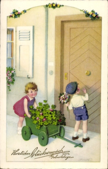 Artist Postcard Baumgarten, Fritz, congratulations birthday, well-wishers, flowers, clover leaves