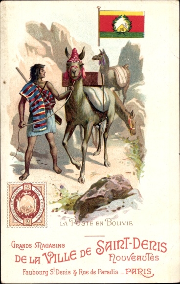 Postage stamps Chromo-Litho Bolivia, Man with llamas, La Poste en Bolivie