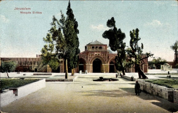 Postcard Jerusalem Israel, Al-Aqsa Mosque, architecture, trees, blue sky