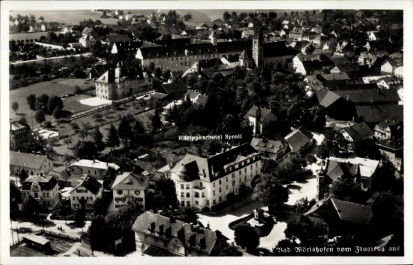 Postcard Bad Wörishofen in Unterallgäu, aerial photograph, Kneippkurhotel Sproll