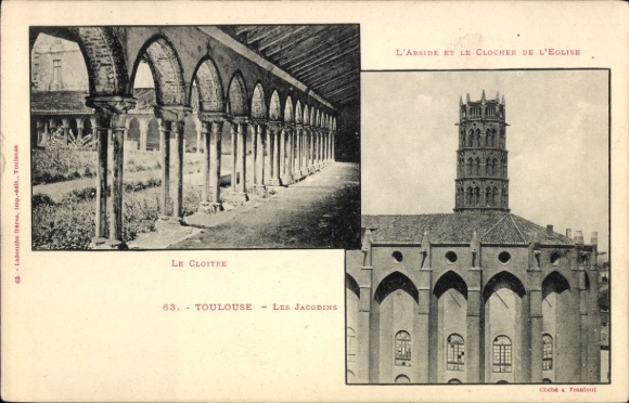 Ak Toulouse Haute Garonne, Kreuzgang,  Kirche, Glockenturm, Schwarz-Weiß-Fotografie