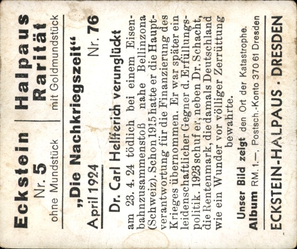 Collector's picture The Post-War Period No. 76, April 1924, Dr. Carl Helfferich, Bellinzona train accident