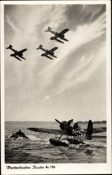 Postcard Borderkunden Arado Ar 196, seaplane, military aircraft in flight formation, Luftwaffe
