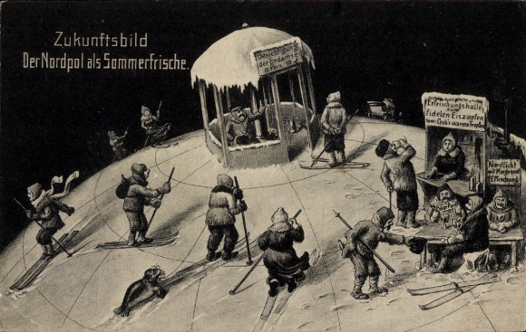 Ak Zukunftsbild, Der Nordpol als Sommerfrische, Erfrischungshalle, Skifahrer