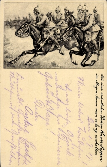 Künstler Ak Deutsche Soldaten zu Pferd, Kaiserreich, Kavallerie, Pickelhauben, Knorr Suppen