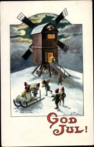Artist PC Nyström, J., Congratulations Christmas, gnomes, sleigh windmill