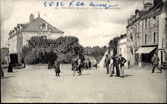 Postcard Pouancé Maine et Loire, street, building, people, bicycle, hotel, trees, atmosphere