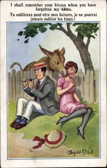 Artist Postcard McGill, Donald, donkey licks woman's cheek, man lights his pipe