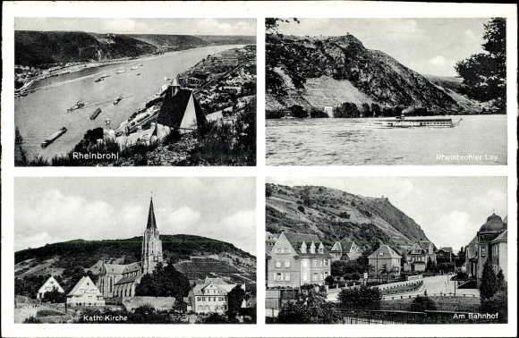 Ak Rheinbrohl am Mittelrhein, am Bahnhof, Kirche, Rheinbrohler Lay